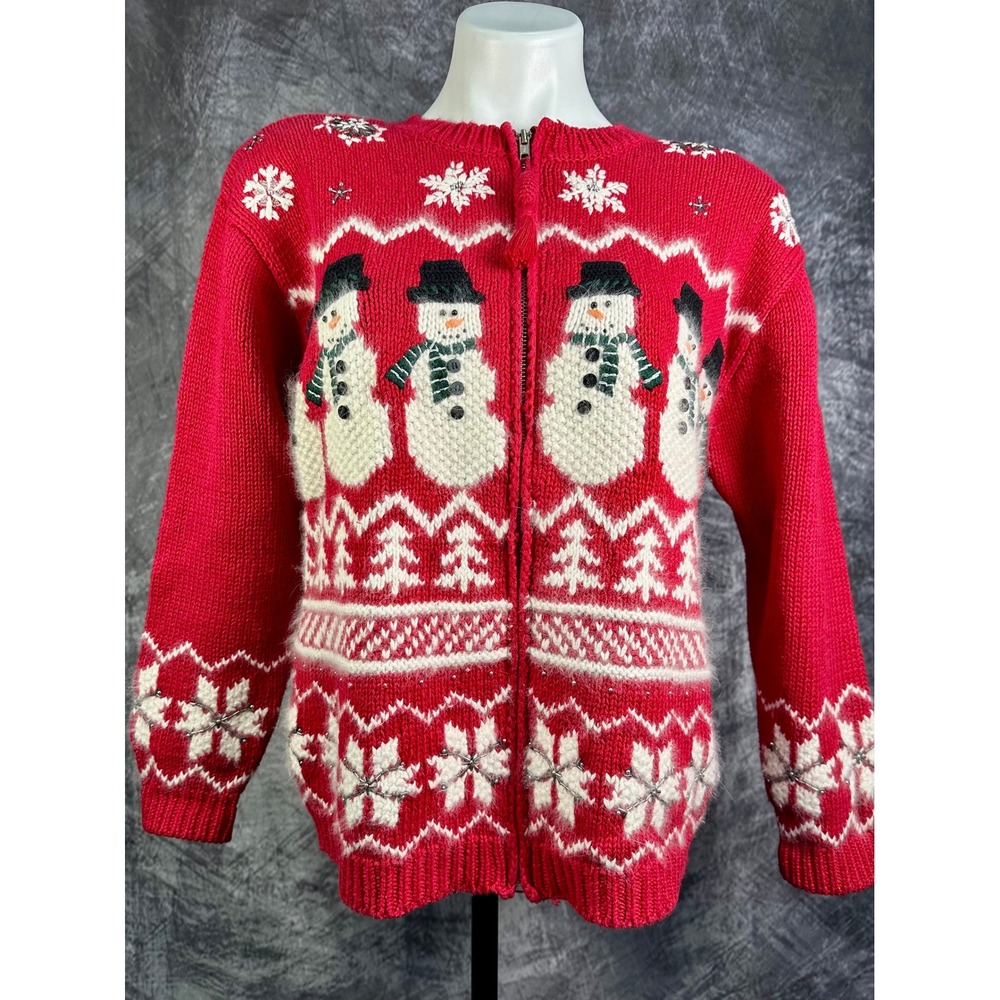 Vintage Croft & Barrow Snowman Cardigan Women Large Red Beaded Hand Knit Sweater